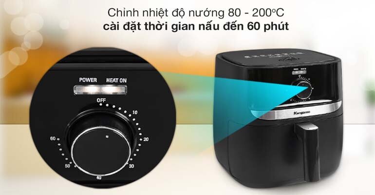 Kangaroo KG6AF1 cho phép người dùng điều chỉnh thời gian và nhiệt độ dễ dàng Nồi chiên không dầu Kangaroo KG6AF1