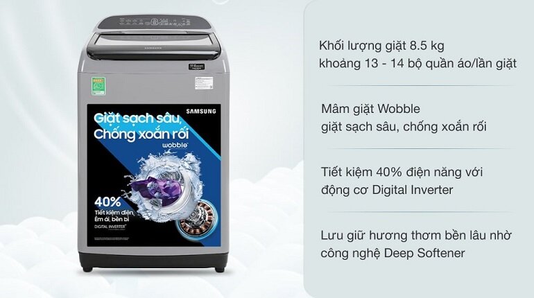 Máy giặt Samsung Inverter 8.5 kg WA85T5160BY/SV có thiết kế cửa trên, lồng đứng thông dụng cùng những công nghệ nổi bật