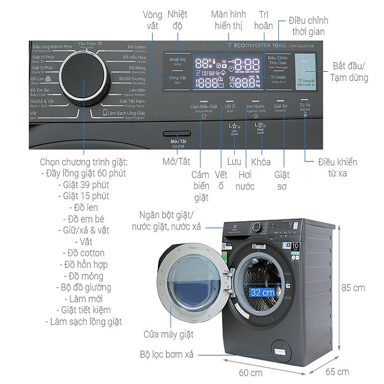 Máy giặt Electrolux 9Kg lồng ngang Inverter EWF9042R7SB