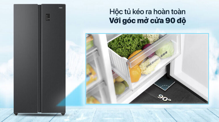 Dễ dàng lấy hoặc cất thực phẩm với thiết kế cửa tủ thông minh, góc mở 90 độ với tủ lạnh Aqua Side by Side 2021