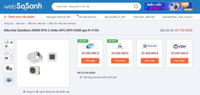 Giá điều hòa Sumikura 28000 BTU 2 chiều APC/APO-H280 gas R-410A