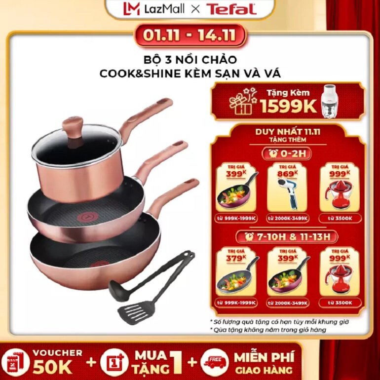 Bộ nồi chảo Tefal Cook&Shine (Chảo 24/ Chảo xào 28/Quánh 18/Sạn/ Vá)