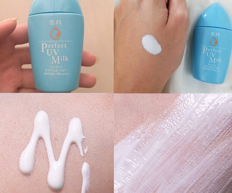 Sữa chống nắng Senka Perfect UV Milk có dạng sữa lỏng màu trắng đục, thấm nhanh.
