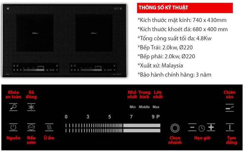 Thông số kỹ thuật bếp từ 2 vùng nấu Dmestik ML222 DKI