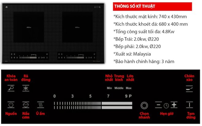 Thông số kỹ thuật bếp từ 2 vùng nấu Dmestik ML222 DKI