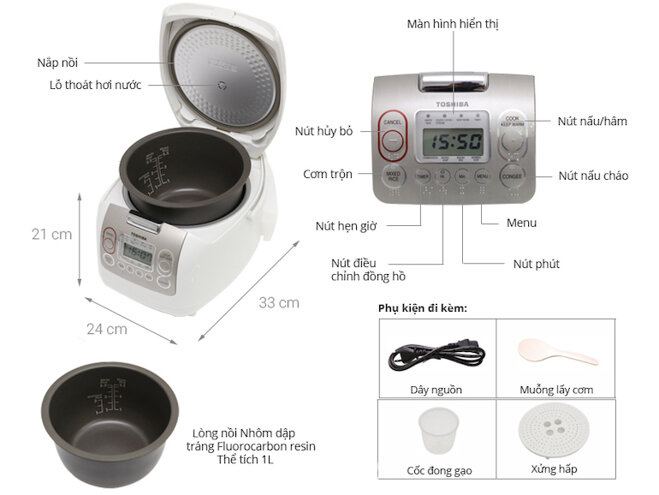 Nồi cơm điện tử Toshiba RC-10NMF với lòng nồi chống dính và dễ dàng chùi rửa.