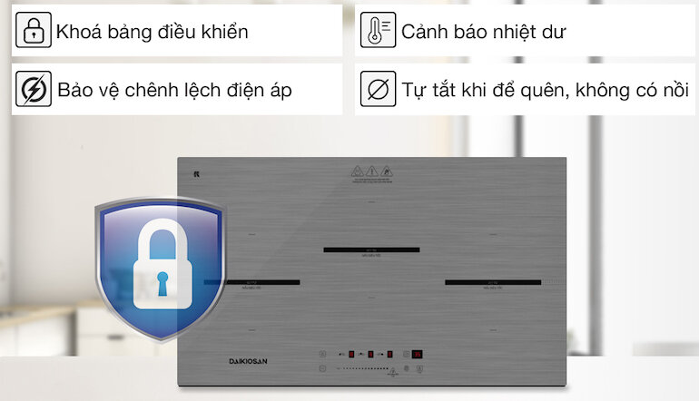 Bếp âm Daikiosan DKT-300002 với mỗi vùng nấu có 9 mức công suất và chức năng booster gia nhiệt nhanh.