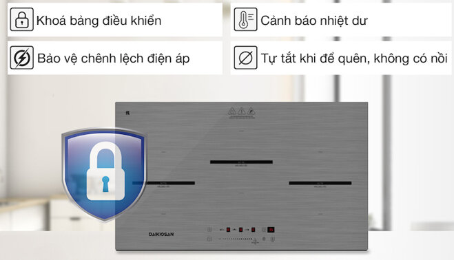 Bếp âm Daikiosan DKT-300002 với mỗi vùng nấu có 9 mức công suất và chức năng booster gia nhiệt nhanh.