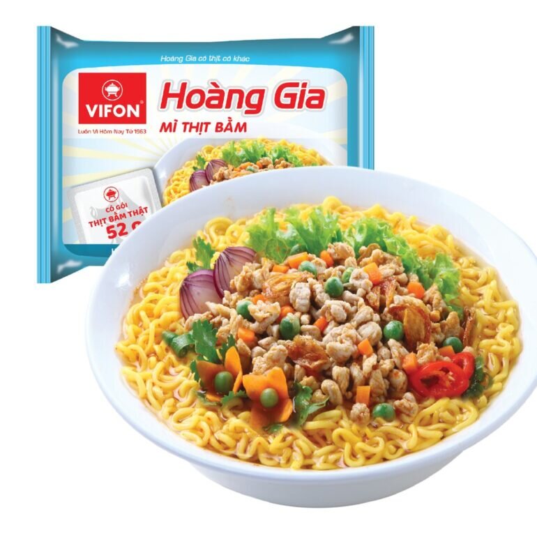 Mì Hoàng Gia thịt bằm Vifon có gói thịt bằm thật 120g - Giá tham khảo: 14.600 vnđ/gói và 262.000 vnđ/ thùng 18 gói