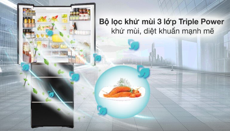 Tủ lạnh Hitachi 6 cửa R-WX620KV trang bị tính năng khử mùi tự động Triple Power loại bỏ vi khuẩn, mùi hôi hiệu quả