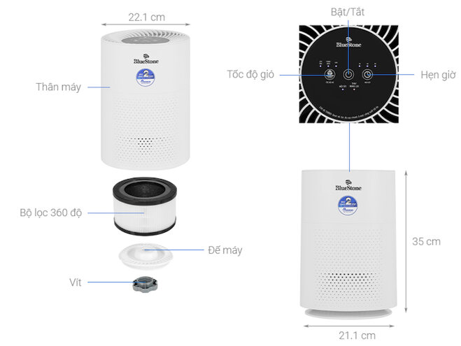 Máy lọc không khí BlueStone APB-9505 giúp không khí trong lành và sạch sẽ hơn với bộ lọc 360 độ 3 lớp.