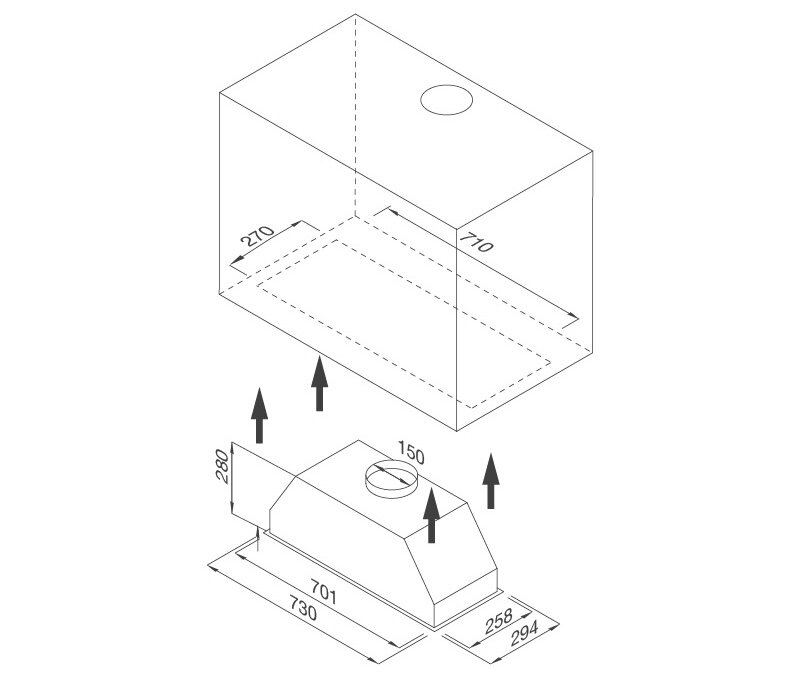 Kích thước lắp đặt máy hút mùi âm tủ Malloca Hidden K-730