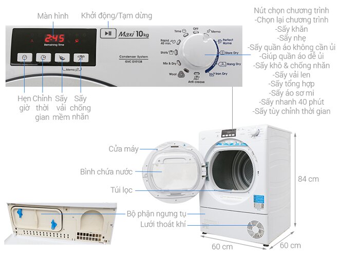 Máy sấy Candy giúp quần áo nhanh khô và giữ được độ suôn phẳng 
