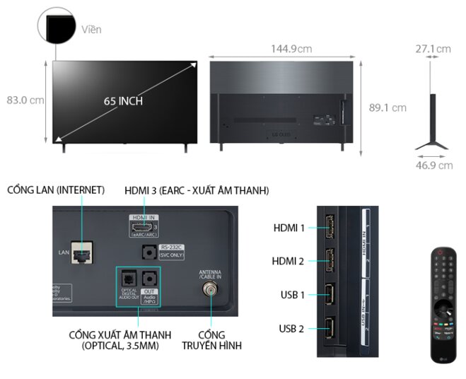 Thiết kế tối giản, đẹp mắt của OLED Tivi 4K LG 65 inch 65A1PTA ThinQ AI