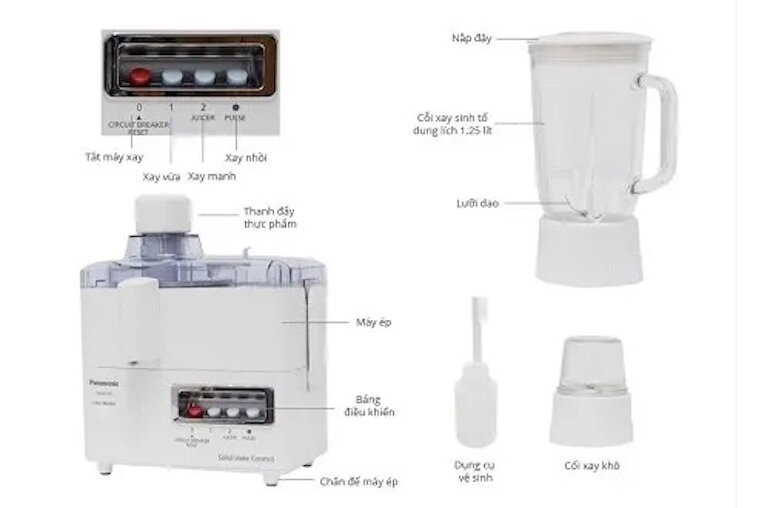 Máy xay đa năng Panasonic mj-m176pwra đa chức năng vừa ép trái cây vừa xay sinh tố, xay hạt với 2 cối thủy tinh đi kèm.