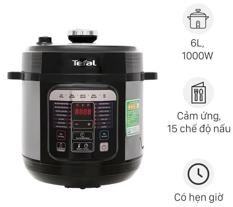 Nồi áp suất điện tử Tefal CY601868 với 15 chương trình nấu được cài đặt sẵn cùng bảng điều khiển cảm ứng tiếng Việt dễ dàng sử dụng.