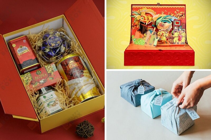 Ngoài giỏ quà, gia chủ có thể trang trí quà Tết bằng hộp quà đẹp mắt cùng khăn lụa tinh tế