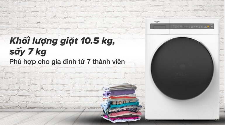 Máy giặt sấy Whirlpool WWEB10702FW có khối lượng giặt 10.5kg và khối lượng sấy 7kg