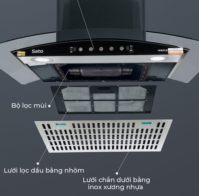 Máy hút mùi Sato HM017.B vẻ đẹp kính cong kết hợp hiệu suất hút mùi ấn tượng