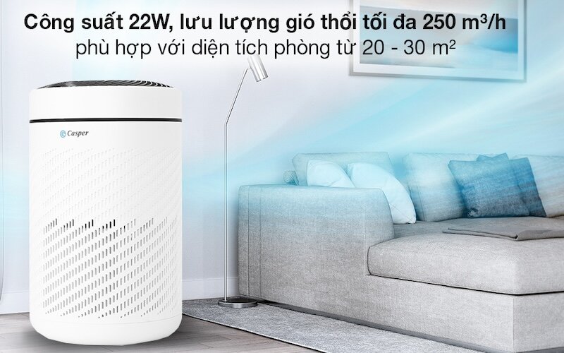 Máy lọc không khí Casper AP-250MAH có công suất hoạt động 22W cho lưu lượng gió thổi tối đa 250m3/h thích hợp với diện tích phòng từ 20 – 30m2.