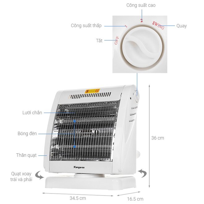 Quạt sưởi Kangaroo KG1018C - 3 bóng lựa