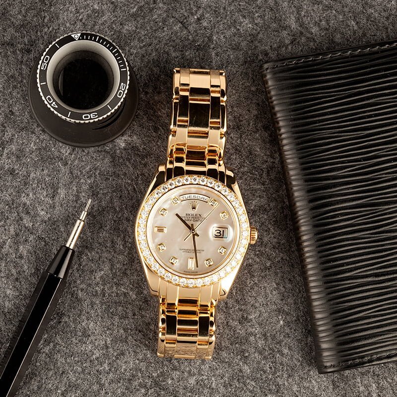 gold pearlmaster bracelet day date rolex watch from bob's watches