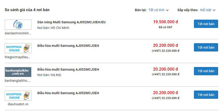Giá trung bình điều hòa Samsung 2 chiều AJ052MCJ3EH
