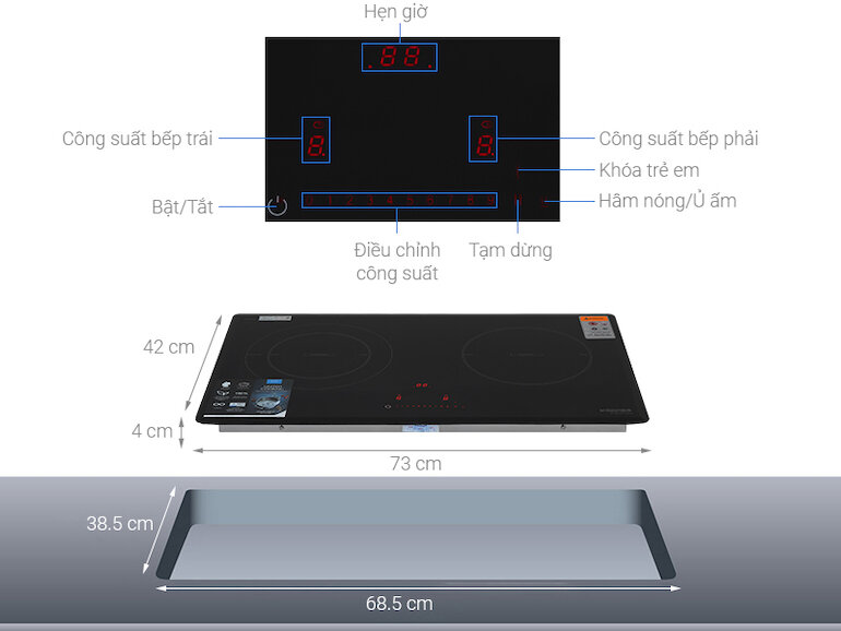 Bếp âm Kocher DI801GE IPLUS có tổng công suất 4600W với 2 vùng nấu kích thước Ø22 cm mỗi vùng 2300W giúp bạn nấu ăn nhanh chóng.