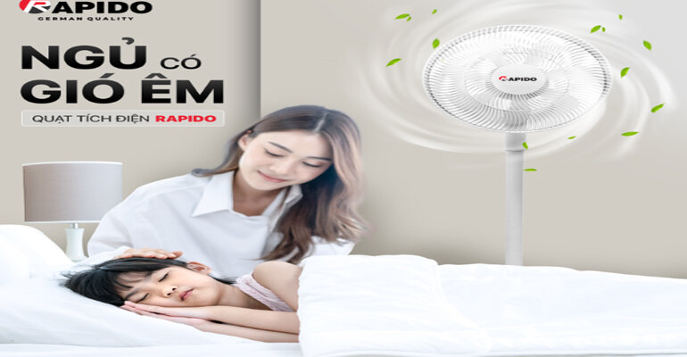 Quạt sạc điện Rapido RBF–30 vận hành êm ái thích hợp sử dụng cho gia đình có người già và cả trẻ nhỏ Quạt tích điện Rapido RBF–30