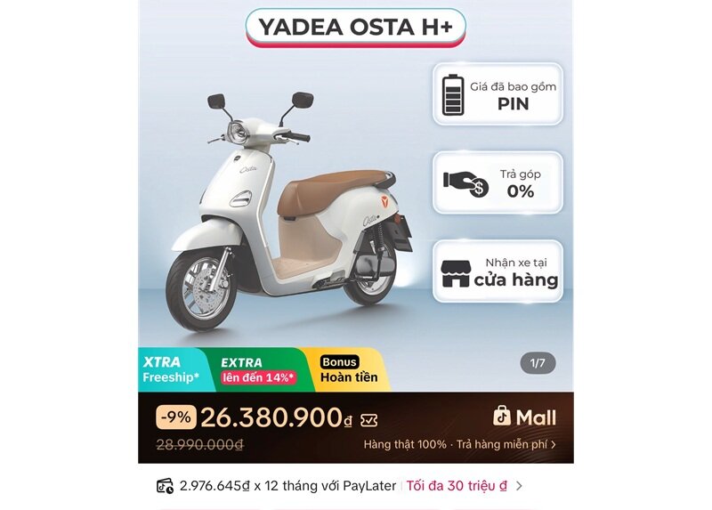 Xe máy điện Yadea Osta giảm tới 2,6 triệu đồng, pin trâu 181 km/lần sạc, nhiều trang bị hiện đại