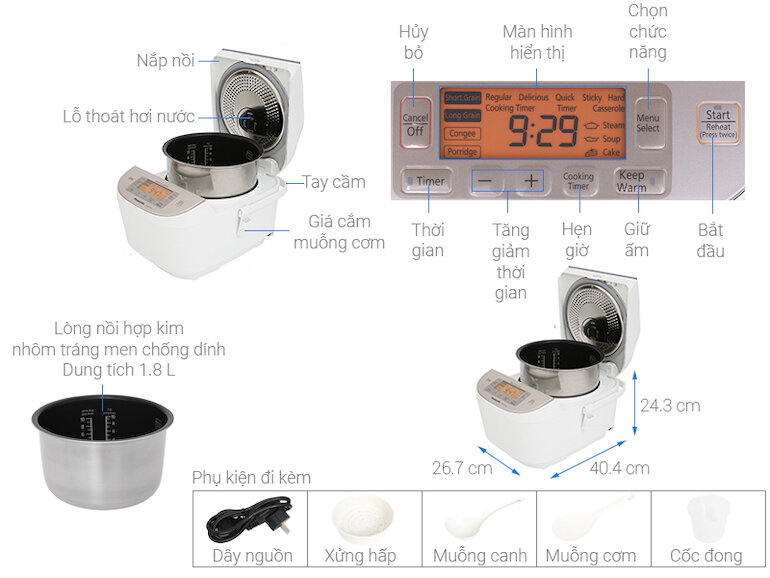 Nồi cơm điện tử Panasonic SR-AFY181WRA có dung tích 1.8 lít, cho gia đình có từ 4 – 6 người nấu được 8 – 10 cốc gạo kèm nồi.