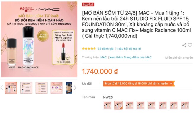 Mua 1 tặng 1: Kem nền lâu trôi 24h STUDIO FIX FLUID SPF 15 FOUNDATION 30ml, Xịt khoáng cấp nước và bổ sung vitamin C MAC Fix+ Magic Radiance 100ml