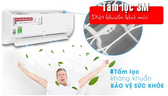 Tấm lưới lọc 3M diệt khuẩn, khử mùi được trang bị trên điều hòa LG Inverter V13ENS1