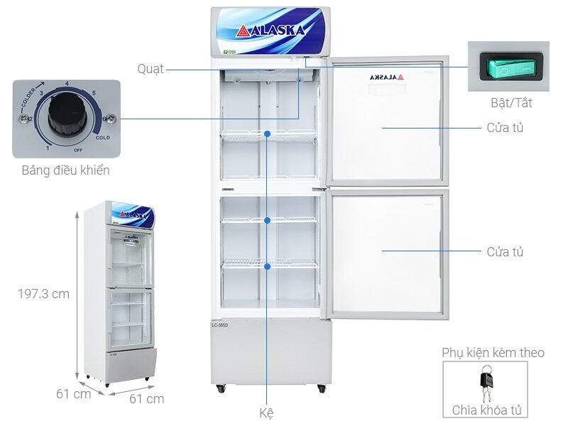Tủ mát Alaska 2 cánh 382 lít LC-385D được trang bị nhiều tính năng hiện đại