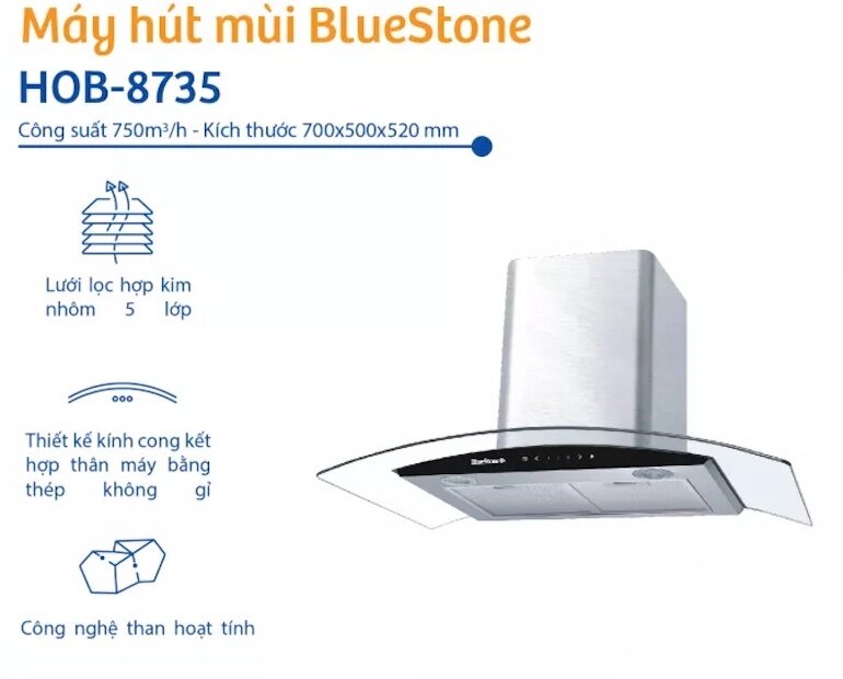 BlueStone HOB-8735 hoạt động hiệu quả với công suất hút tối đa 750m3/h giúp hút sạch khói và mùi trong quá trình đun nấu.