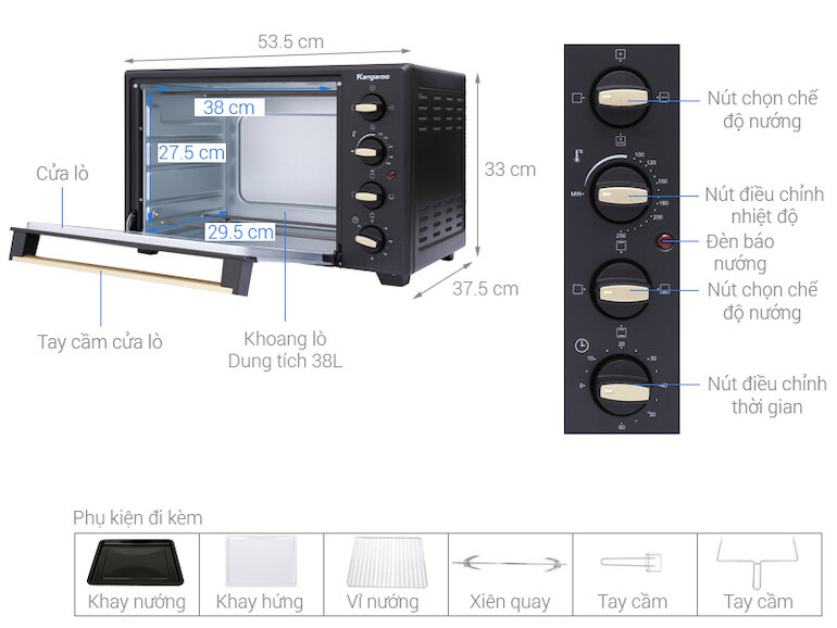 Lò nướng Kangaroo KG3802 có công suất hoạt động 1600W với mức nhiệt điều chỉnh từ 100 – 250 độ C.