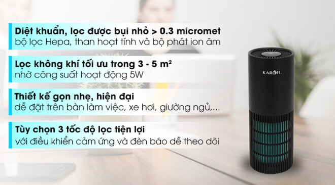 Karofi KAP-C123 hoạt động với công suất 5W cho diện tích lọc hiệu quả khoảng từ 3 – 5m2.