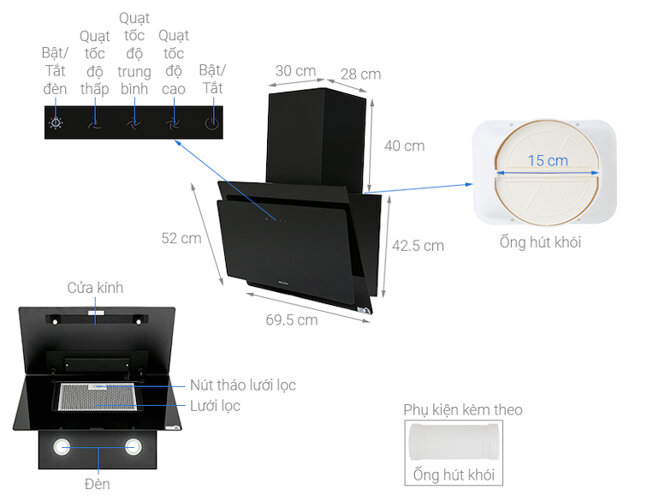 Máy hút mùi áp tường Malloca MC7086HS với thao tác cảm ứng nhạy bén có đèn hiển thị dễ thấy.