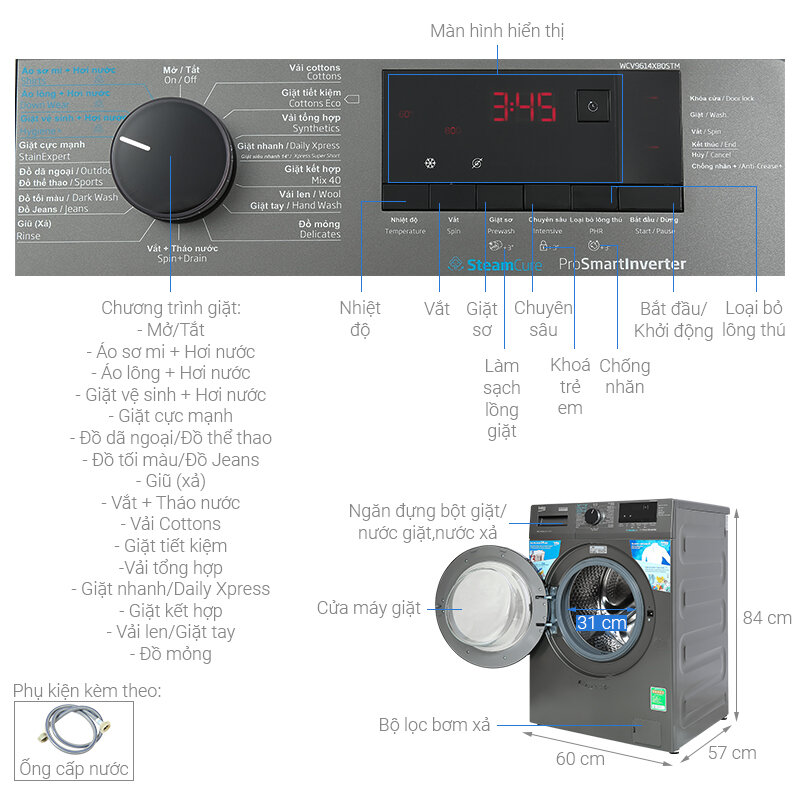 Máy giặt Beko Inverter 9 kg WCV9614XB0STM