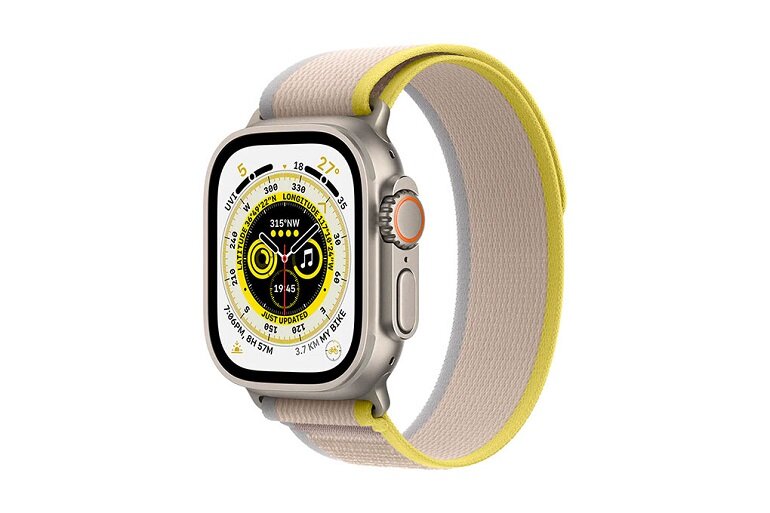 Apple Watch Ultra trail màu kem viền vàng.