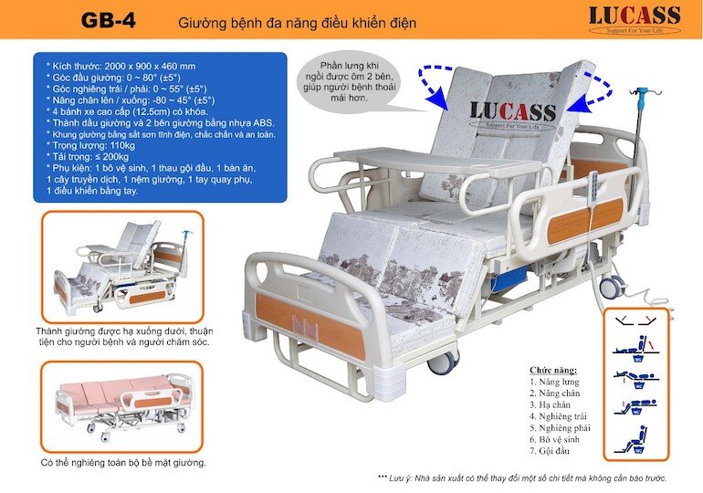 Giường bệnh điện cơ đa chức năng Lucass GB-4 bằng nhựa ABS
