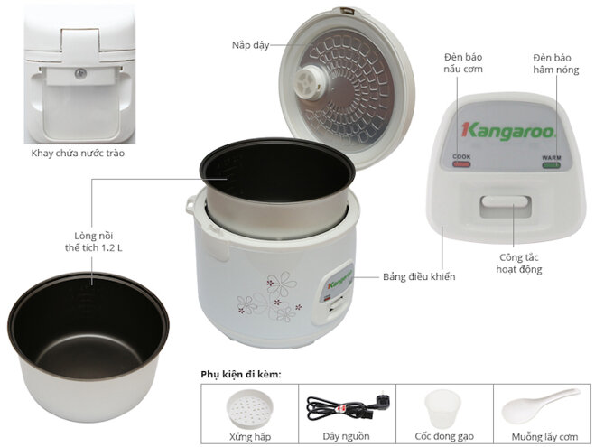 Nồi cơm điện Kangaroo KG18N có dung tích nồi 1.2 lít thích hợp cho gia đình 2 – 4 người.