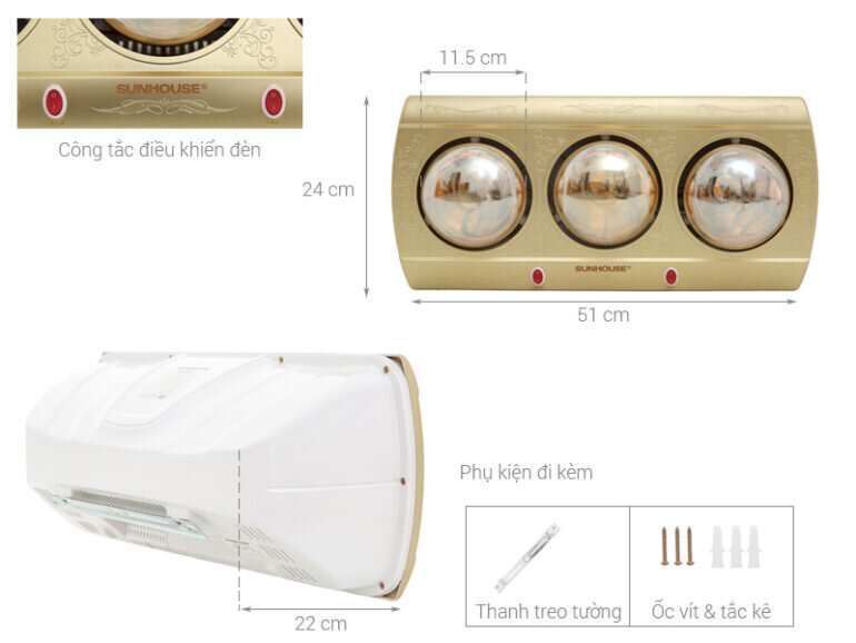 Đèn sưởi nhà tắm Sunhouse SHD3813 825W - Giá tham khảo: 930.000 vnđ