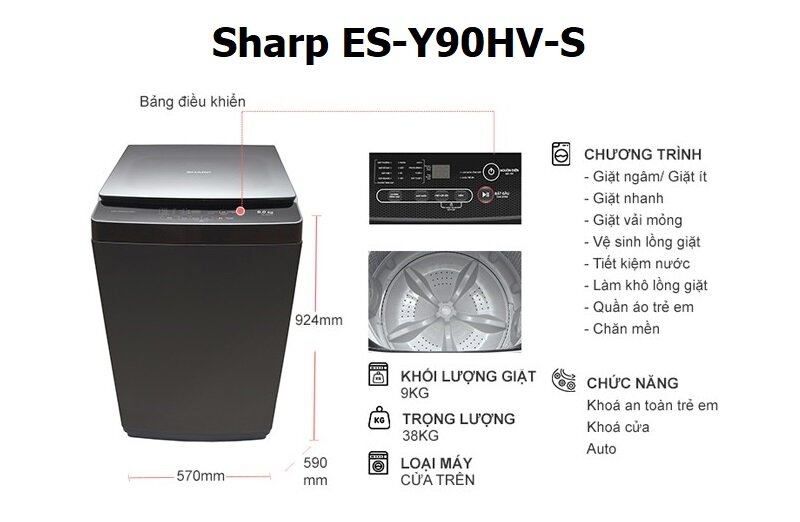 Máy giặt lồng đứng giá 5 triệu Sharp 9kg ES-Y90HV-S 