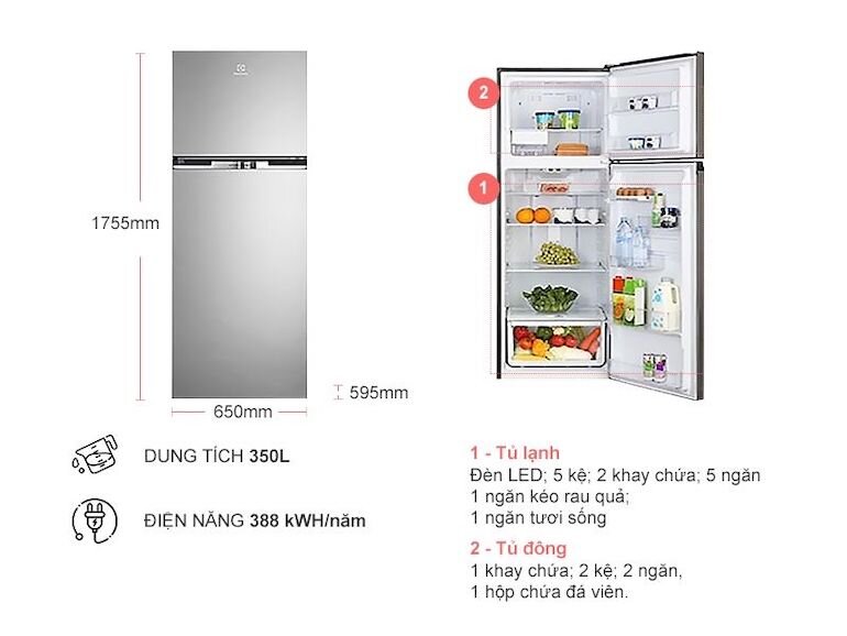 Tủ lạnh Electrolux ETB 3700 có dung tích lớn