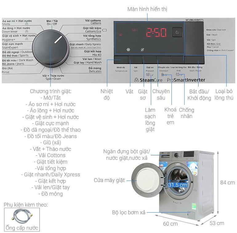 Máy giặt Beko Inverter 8 kg WCV8614XB0STS