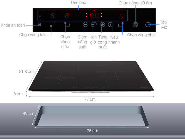 Bếp âm Hafele HC-IS773EA (535.02.242) có tổng công suất tối đa lên đến 7400W khi bật cả 3 bếp.