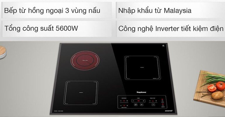 Bếp âm Nagakawa NAG1253M có thiết kế lắp âm sang trọng với 3 vùng nấu 3 món cùng lúc.