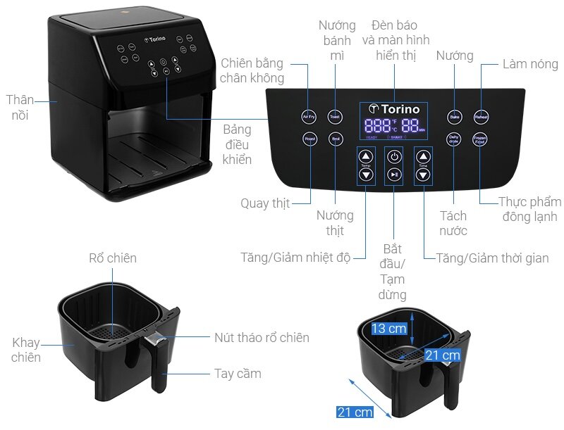 Review chi tiết nồi chiên không dầu Torino TF-JW55A 5.5 lít