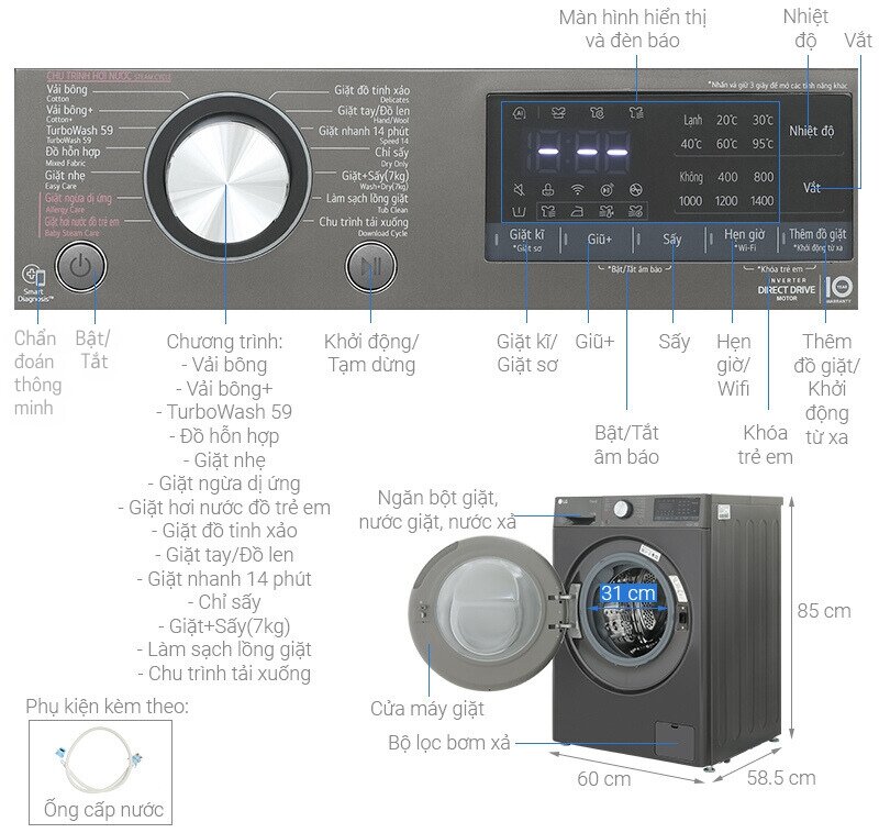 So sánh máy giặt sấy LG Inverter giặt 11kg sấy 7kg FV1411D4B và LG FV1411D4W